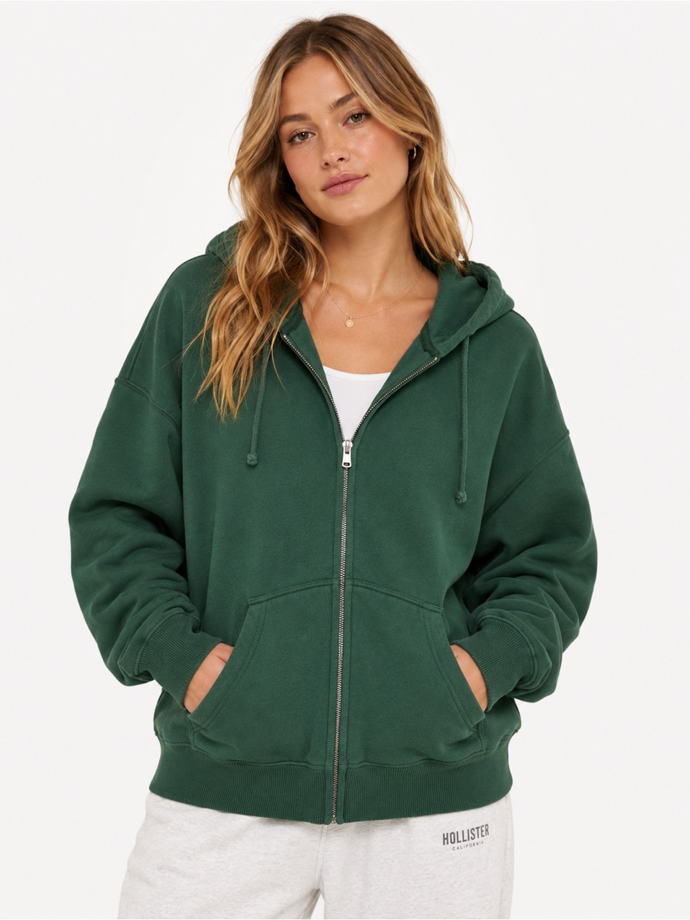 💚Hollister Oversized Green Zip-Up Hoodie Sweatshirt - Size Medium